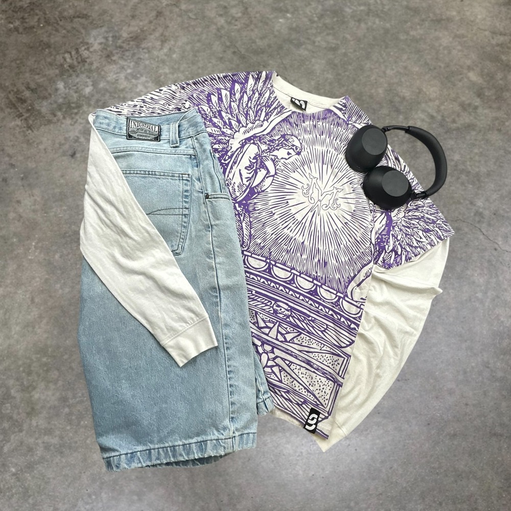 Methods NYC Vintage Y2K All Over Print Angel T-Shirt Mens Large Purple White